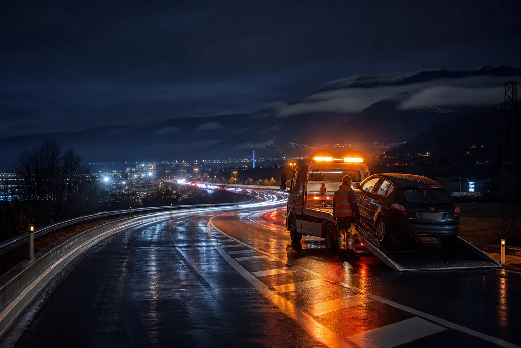 Dépannage automobile de nuit à Annemasse : dépanneuse gyrophare orange sur route alpine humide, urgence 24h/24