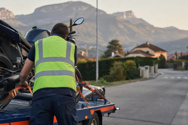 Technicien dépanneur Annemasse sécurisant une moto sur remorque spécialisée, service professionnel 24h/24